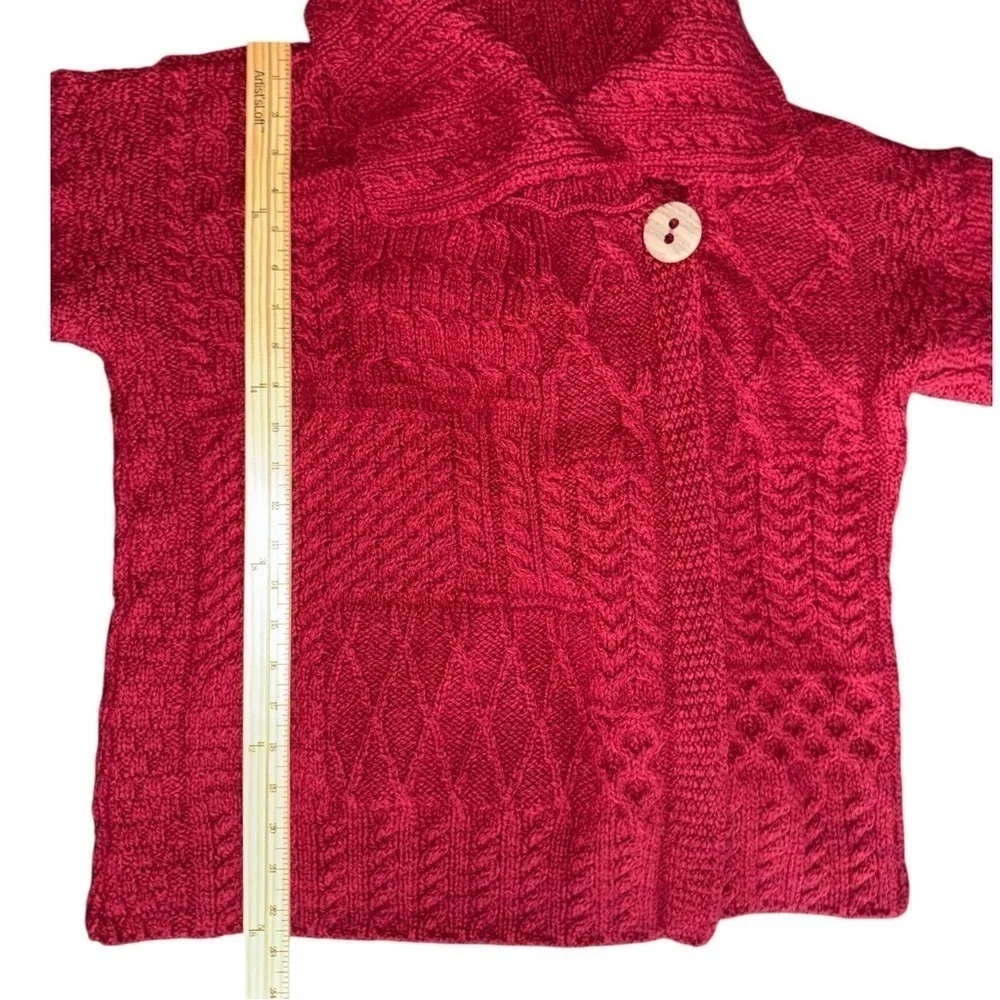 Aran Red Wool Cardigan Irish Patchwork Wrap Button Collar Merino XL